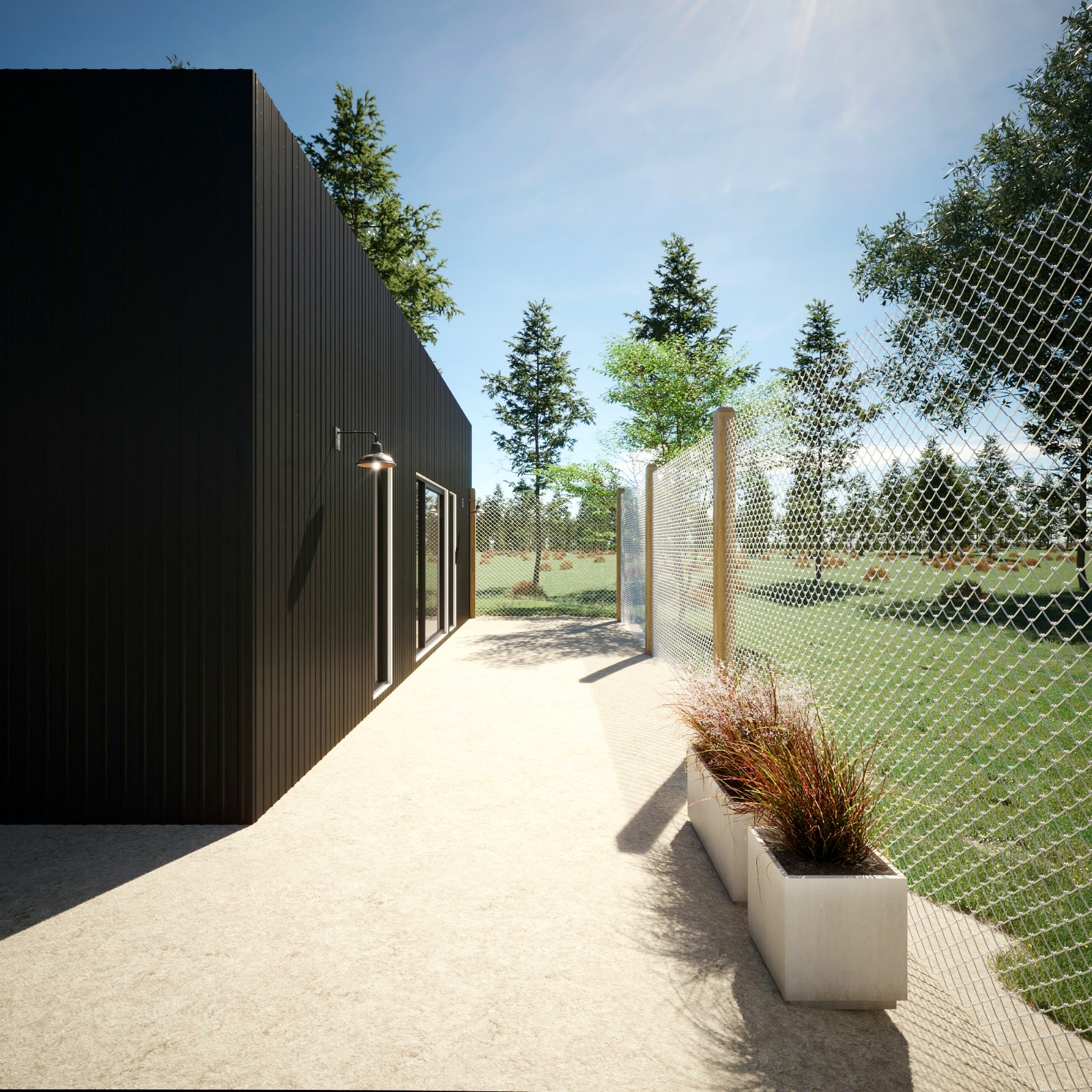 Exterior lateral de vivienda modular con cerco perimetral