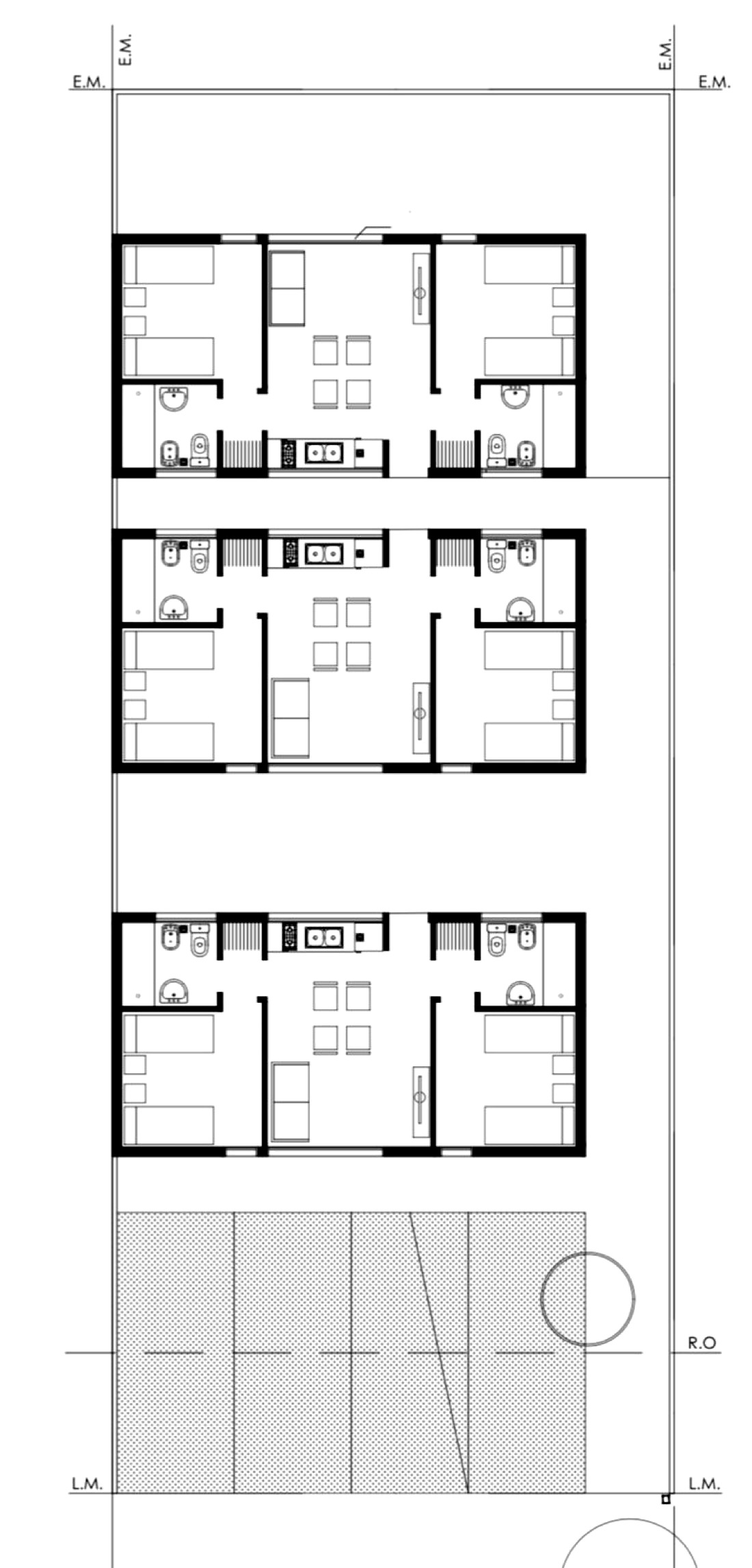 Planta arquitectónica de lote con 3 unidades funcionales
