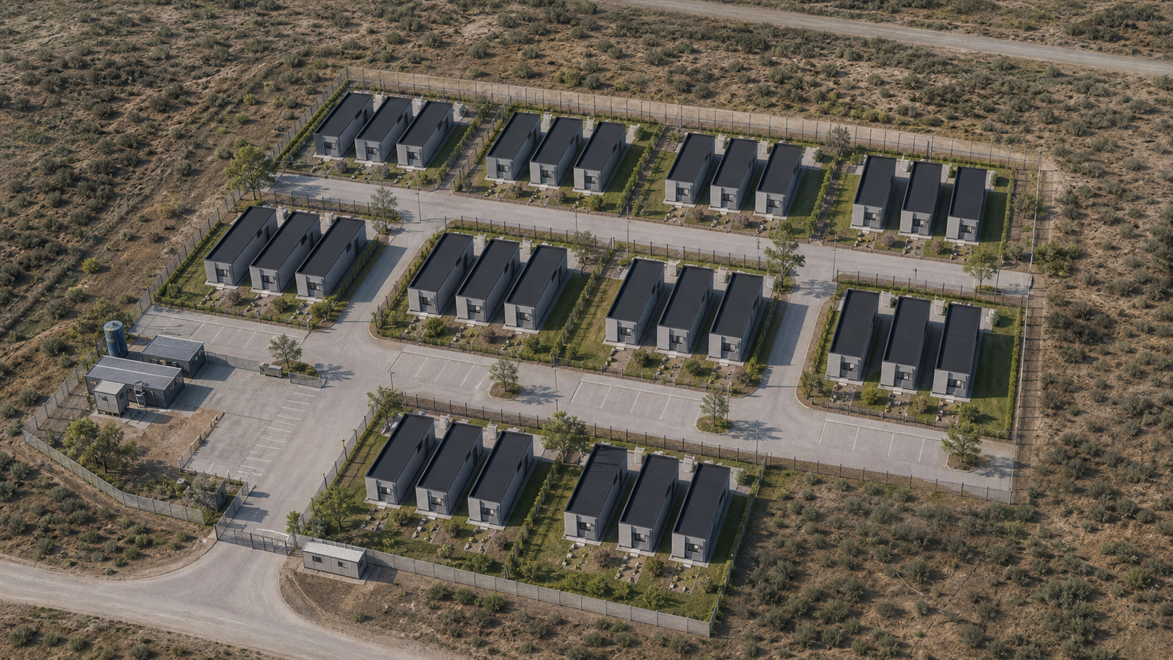 Render conceptual aéreo del desarrollo de 10 lotes y 30 casas